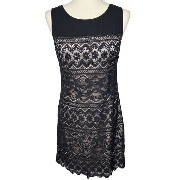 LAUNDRY BY SHELLI SEGAL Lace Illusion Beaded Sleeveless Dress Black Sz 4 EUC - Picture 1 of 6